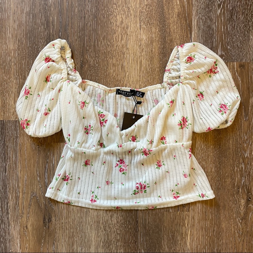 Ribbed Floral Square Neck Puff Sleeve Top NWT - Picture 2 of 4